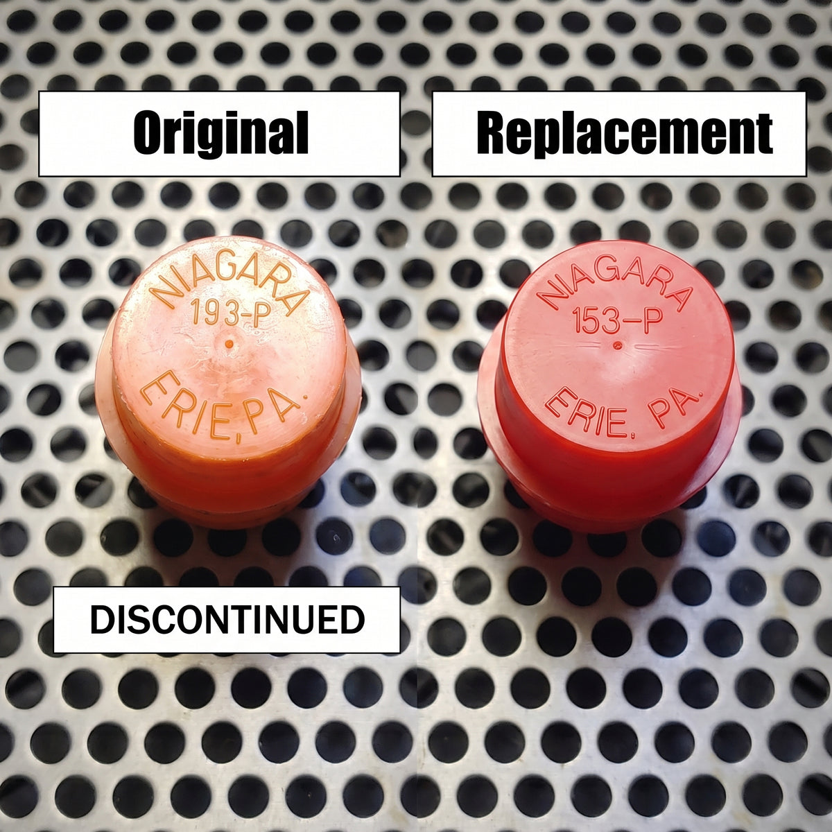 Two small orange-red plastic caps labeled 'Original' and 'Replacement' on a perforated metal surface, with 'DISCONTINUED' text above the left cap. The caps show the embossed brand 'NIAGARA' and model numbers '193-P' and '153-P'.